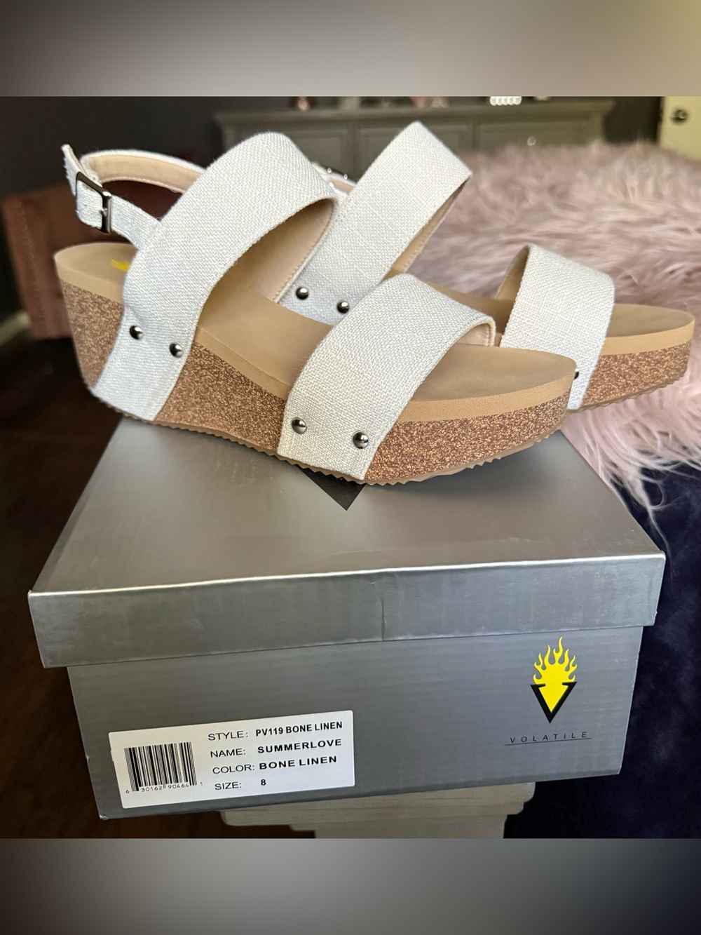 Volatile Bone Linen Three-Strap Cork Wedge Sandals